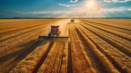 Fototapeta premium Modern agricultural machinery working on a vast field, harvesting crops
