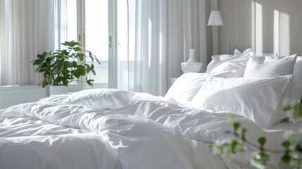 A white bed with white pillows and a white comforter. The bed is unmade and the pillows are piled on top of each other