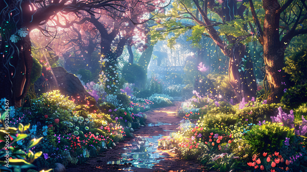 Aufkleber magical forest path with glowing plants and flowers illuminated by the sun shining through the trees