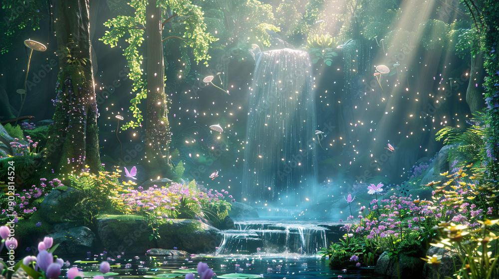 Poster magical waterfall with sunlit beams in a lush forest setting