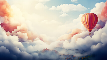 Obraz premium A balloon is flying about the sky among the clouds, a background postcard in watercolor style