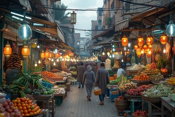 Busy Market Street in Evening With Colorful Produce and Warm Lantern Light