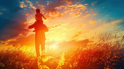 Obraz premium A silhouetted person carries a child on their shoulders against a vibrant, colorful sunset in an open field.