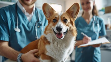 Happy Corgi at the doctor of animals clinic