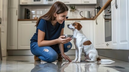 The woman feeding dog
