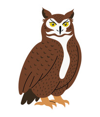 Cute eagle owl, hand drawn in flat design, wild night bird vector illustration, isolated on white