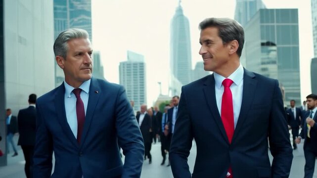 This Two men in suits converse while walking along a busy city street.