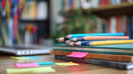 workspace pencils of books sticky colorful