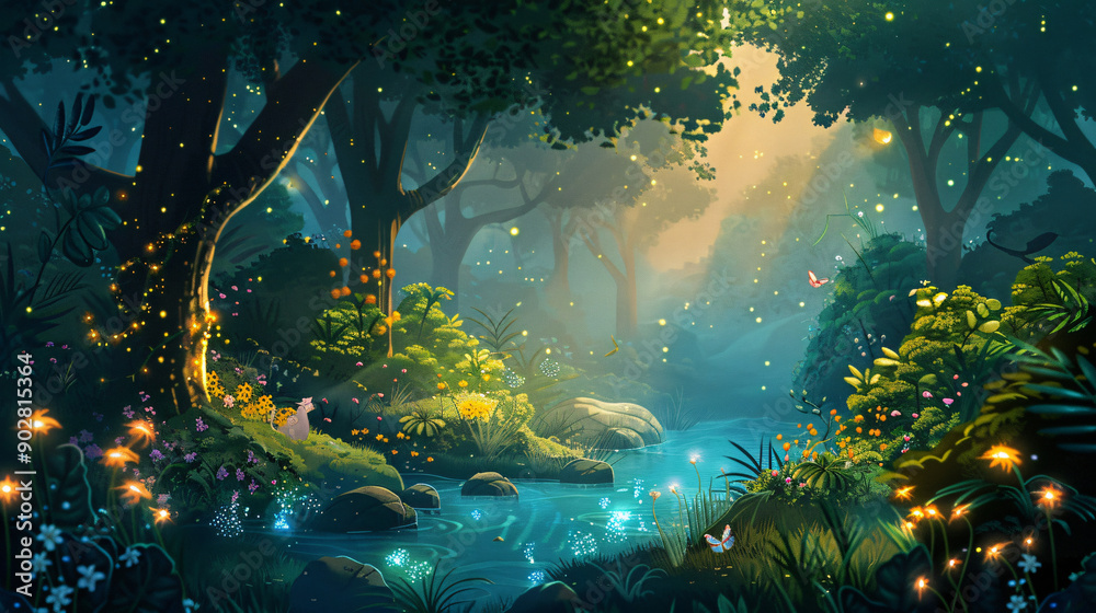 Poster Nighttime in an enchanted forest with glowing fireflies and a tranquil stream