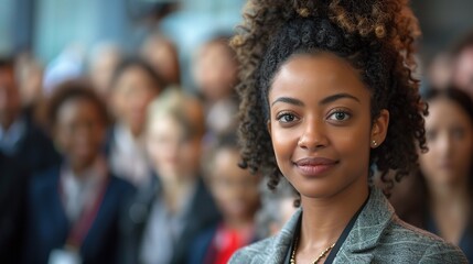 Confident Leader, Bright Future: A young Black woman with captivating eyes and a radiant smile stands out from the crowd, exuding leadership and determination. 