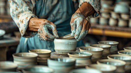A skilled craftsman molds ceramic bowls by hand in a traditional Japanese studio, showcasing expert technique and dedication to the craft