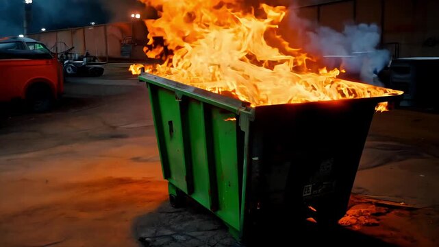 green dumpster is on fire, with smoke billowing out of it