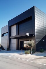 A large building with a black facade and a white trim. The building has a large window on the front