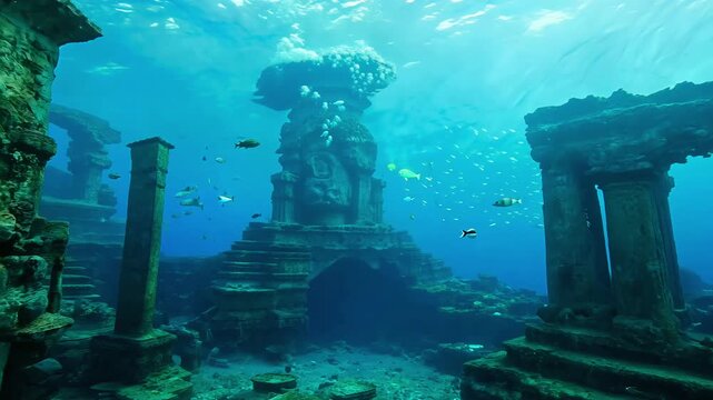 Ancient temple ruins submerged underwater with diverse fish swimming around, creating a mystical and serene atmosphere