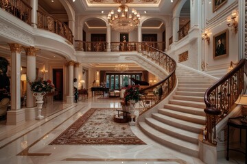 Obraz premium This image displays a luxurious foyer with an exquisite staircase design, complete with golden accents, elaborate decor, and a grand chandelier, embodying sophistication and elegance.