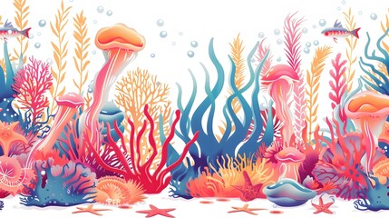 Coral reef design elements isolated on white background. Modern cartoon illustration of underwater seabed or aquarium bottom design elements, colorful aquatic plants collection, marine nature life