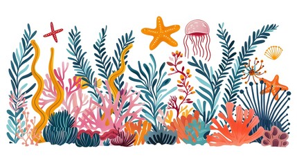 Coral reef design elements isolated on white background. Modern cartoon illustration of underwater seabed or aquarium bottom design elements, colorful aquatic plants collection, marine nature life