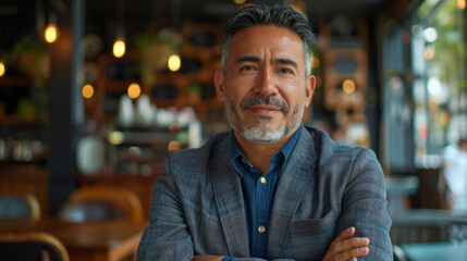 Obraz premium Pension Consultant, A knowledgeable Hispanic male demonstrating retirement savings options in business casual clothing on a cozy coffee shop background.
