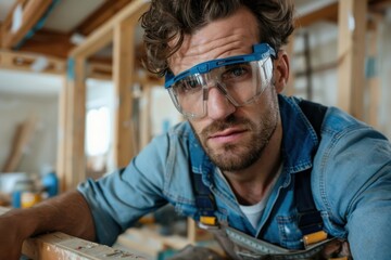 A focused carpenter measuring a piece of wood carefully in an unfinished construction site, surrounded by beams and construction materials, wearing protective glasses.