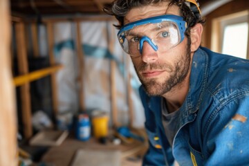 An attentive construction worker in a blue denim outfit with safety glasses is meticulously engaged in a home renovation task inside a partially built wooden framework setting.