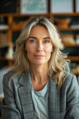 Obraz premium Estate Planner, A relieved Caucasian middle-aged female showing a trust fund outline in professional attire on a cozy home office background.