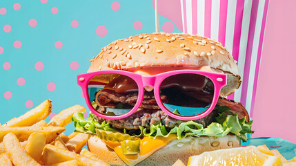 hamburger wearing pink glasses and fries in pink and turquoise pop art style