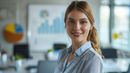 Fototapeta premium Pension Consultant, An enthusiastic white female showing a financial growth chart in professional attire on a bright conference room background.