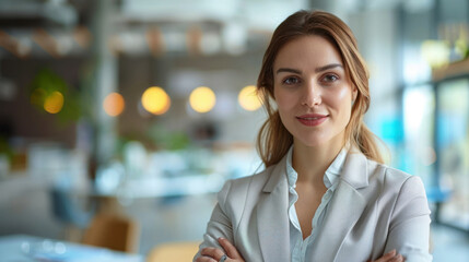 Obraz premium Pension Consultant, An enthusiastic white female showing a financial growth chart in professional attire on a bright conference room background.