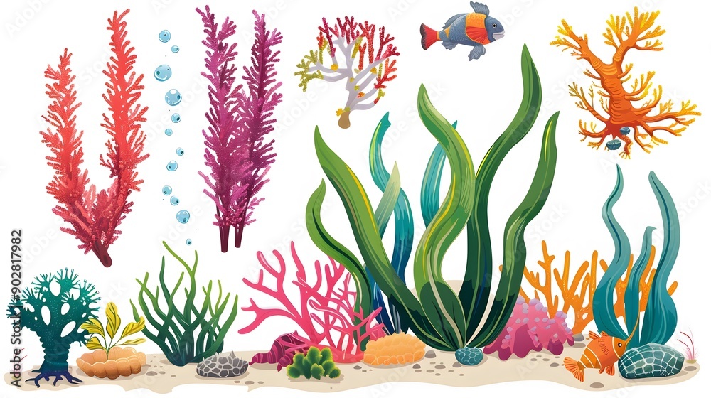 Wall mural coral reef design elements isolated on white background. modern cartoon illustration of underwater s