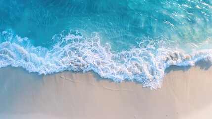 An aerial view captures the gentle embrace between the azure waves and the soft sandy beach, creating a tranquil and picturesque scene Generative Ai