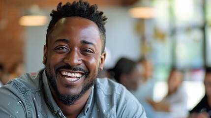 Fototapeta premium Authentic Joy: A young Black man beams a genuine smile, radiating positivity and confidence in a vibrant office setting. 
