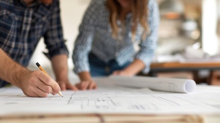 Innovative Design Team Collaborating on Blueprints in a Modern Office Setting
