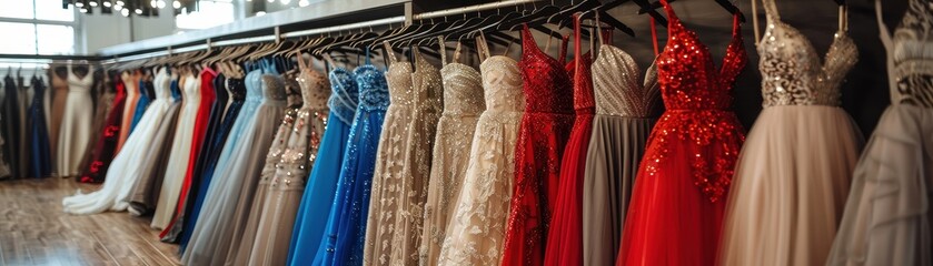 A row of dresses in a store, with the most prominent being a red dress. The dresses are all different colors and styles, and they are hanging on racks. The store is brightly lit