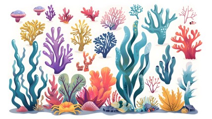 Coral reef design elements isolated on white background. Modern cartoon illustration of underwater seabed or aquarium bottom design elements, colorful aquatic plants collection, marine nature life