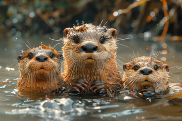 Playful brown otters in a river habitat, showcasing their cute whiskered faces and sleek fur, wild nature and wildlife