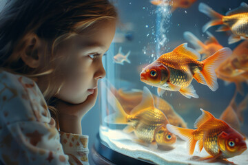 Cute little girl looking at the golden fishes in a round home aquarium.