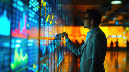 Man in suit analyzing financial data displayed on a large digital screen with bright, colorful graphics and charts.