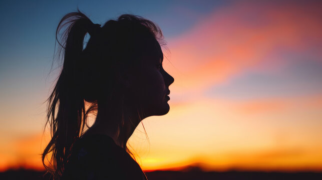 silhouette de profil d'une jeune femme sur fond de couch&eacute; de soleil en &eacute;t&eacute;