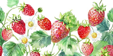 Vibrant Forest Strawberry Delight. Watercolor Illustration of Fresh Ripe Berries with Blossom