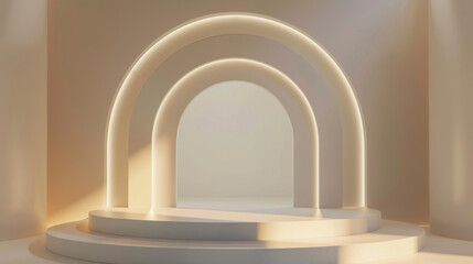  3D rendering of elegant, illuminated arches in a minimalist design, symbolizing modern architecture.