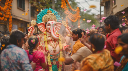 Obraz premium Ganesha idol at outdoor Ganesh Chaturthi festival celebration.