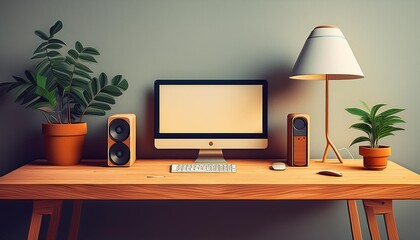 A desk with a computer, a lamp, a plant, and a speaker. The desk is made of wood and the lamp is white. The plant is a small potted plant and the speaker is a white cylinder.