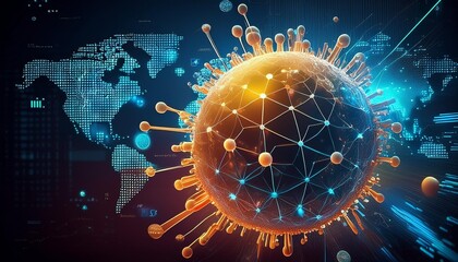 Abstract digital art depicting a virus with a world map and data visualization.