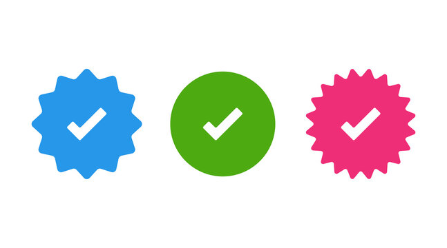 Flat verified social media account icon. Approved profile sign symbol. Tick in rounded corners star icon. Check mark amblem safety person in web.