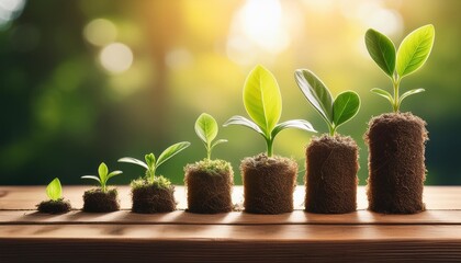 Green plants growing in increasing height on a wooden table, symbolizing growth and progress.