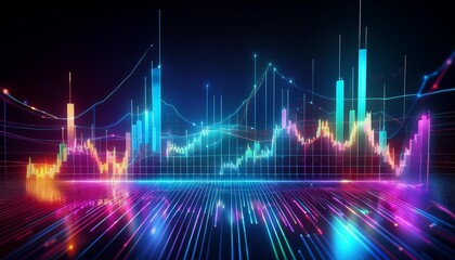 Fototapeta premium Holographic stock market graph with realtime data, futuristic, neon colors, digital art, dynamic