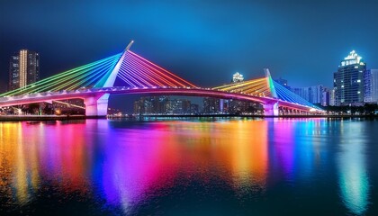 Obraz premium The colorful bridge in night with reflection on water.