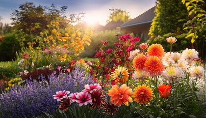 Obraz premium The photo shows a colorful summer garden with a variety of flowers in bloom