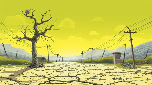 A desolate landscape with a lone dead tree, cracked earth, and power lines stretching towards a yellow sky.