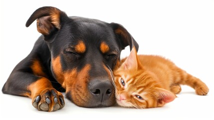 Obraz premium A dog and a cat are sleeping together. The dog is laying on the left side of the cat and the cat is laying on the right side of the dog